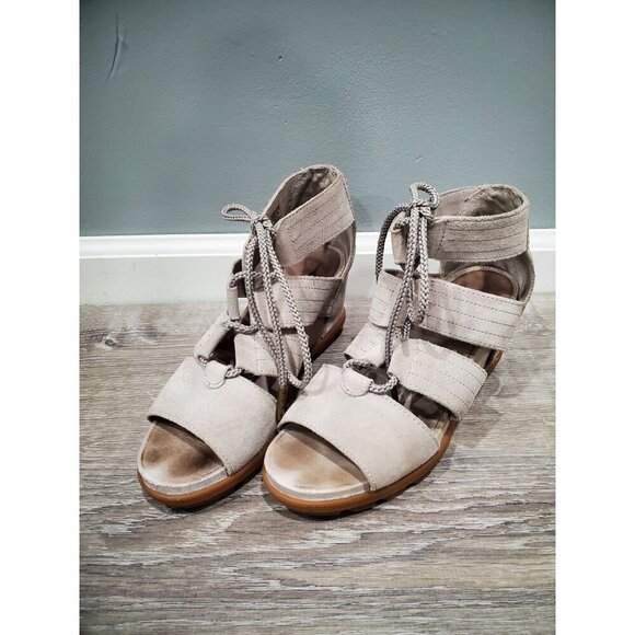 Sorel Women’s Sandals Joanie II Lace Up Wedge Size 9 Neutral Suede Outdoors - Picture 1 of 14